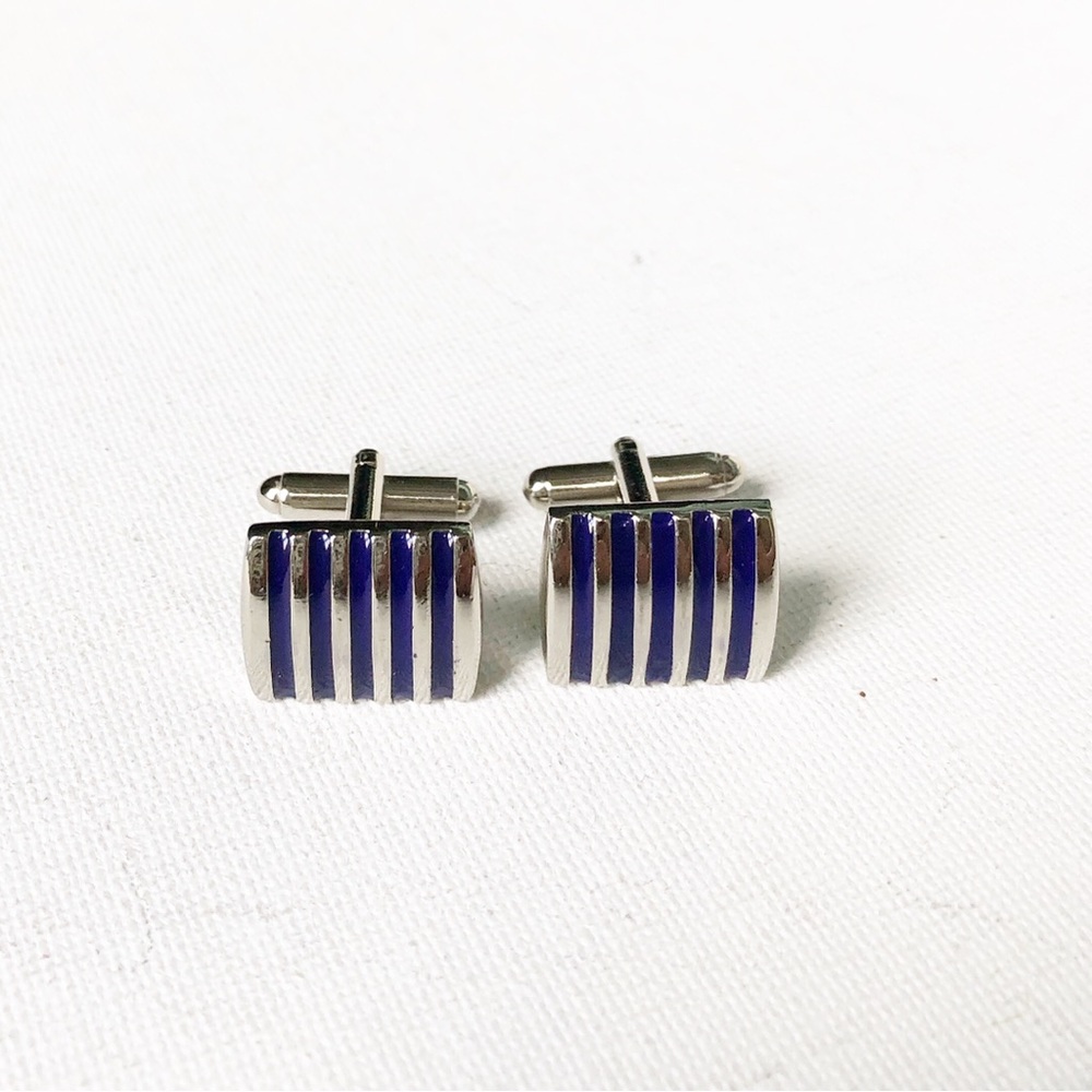 Silver Tone and Purple Enamel Striped Cufflinks